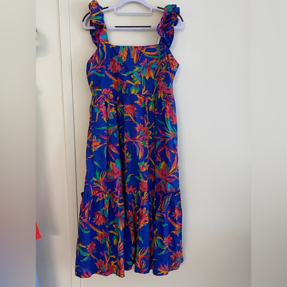 Jcrew Floral Maxi Dress in Blue and Pink with ruffle sleeves